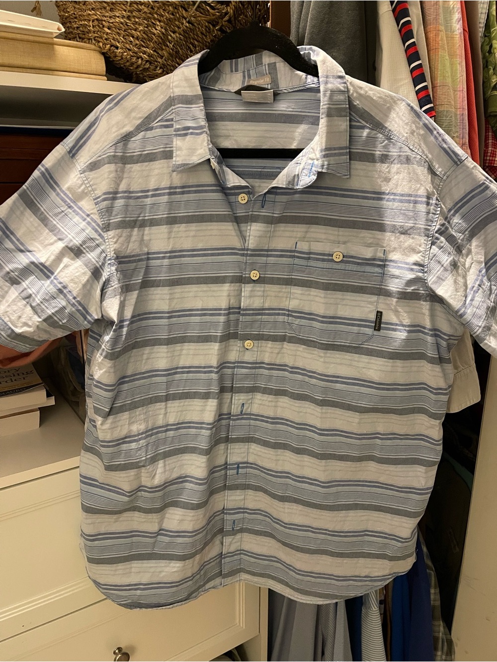 Columbia Light Blue and White Striped Short-Sleeve Button-Down Shirt